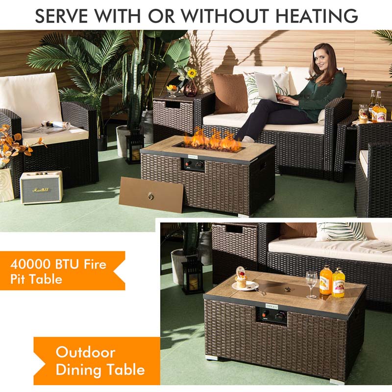 32" x 20" 40000 BTU Rattan Propane Fire Pit Table Set with Side Table Tank, Lava Rocks & Cover