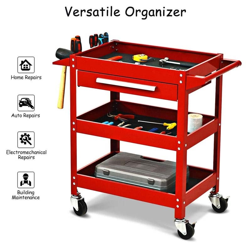 3 Tier Rolling Tool Cart Organizer, 330 lbs Industrial Service Cart Heavy Duty Utility Cart with Storage Drawer