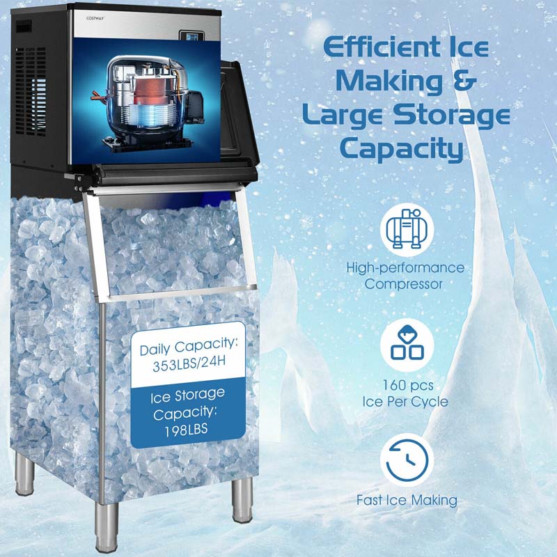 353LBS/24H Split Commercial Ice Machine with 198 LBS Storage Bin, Industrial Modular Ice Maker