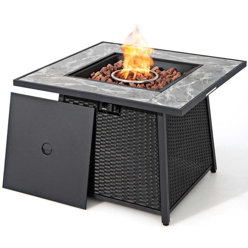 35" 50000 BTU Rattan Outdoor Propane Gas Fire Pit Table with Marble Tabletop, Lava Rocks & PVC Cover