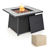 35" 50000 BTU Rattan Outdoor Propane Gas Fire Pit Table with Marble Tabletop, Lava Rocks & PVC Cover