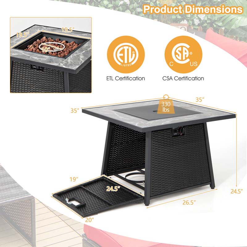 35" 50000 BTU Rattan Outdoor Propane Gas Fire Pit Table with Marble Tabletop, Lava Rocks & PVC Cover