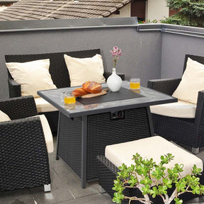 35" 50000 BTU Rattan Outdoor Propane Gas Fire Pit Table with Marble Tabletop, Lava Rocks & PVC Cover