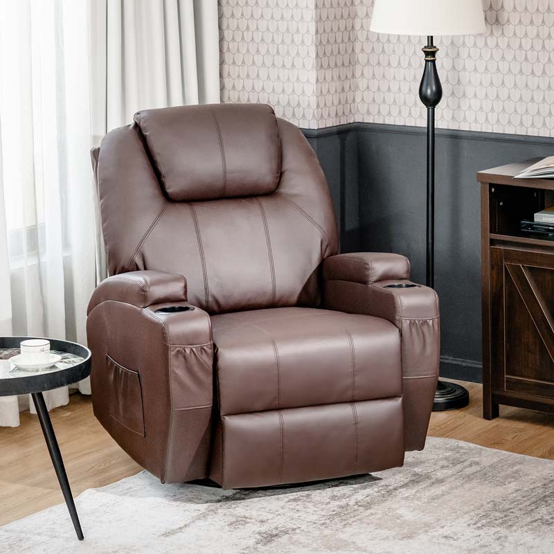 Leather Massage Recliner Chair 360 Degree Swivel Glider Rocker with Lumbar Heating & Remote Control