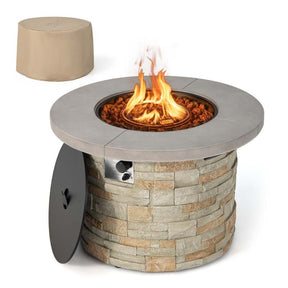36" Stone-Like Round Gas Fire Table, 50000 BTU Propane Fire Pit Table with Lava Rocks & Cover