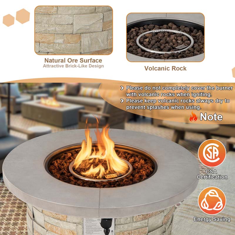 36" Stone-Like Round Gas Fire Table, 50000 BTU Propane Fire Pit Table with Lava Rocks & Cover