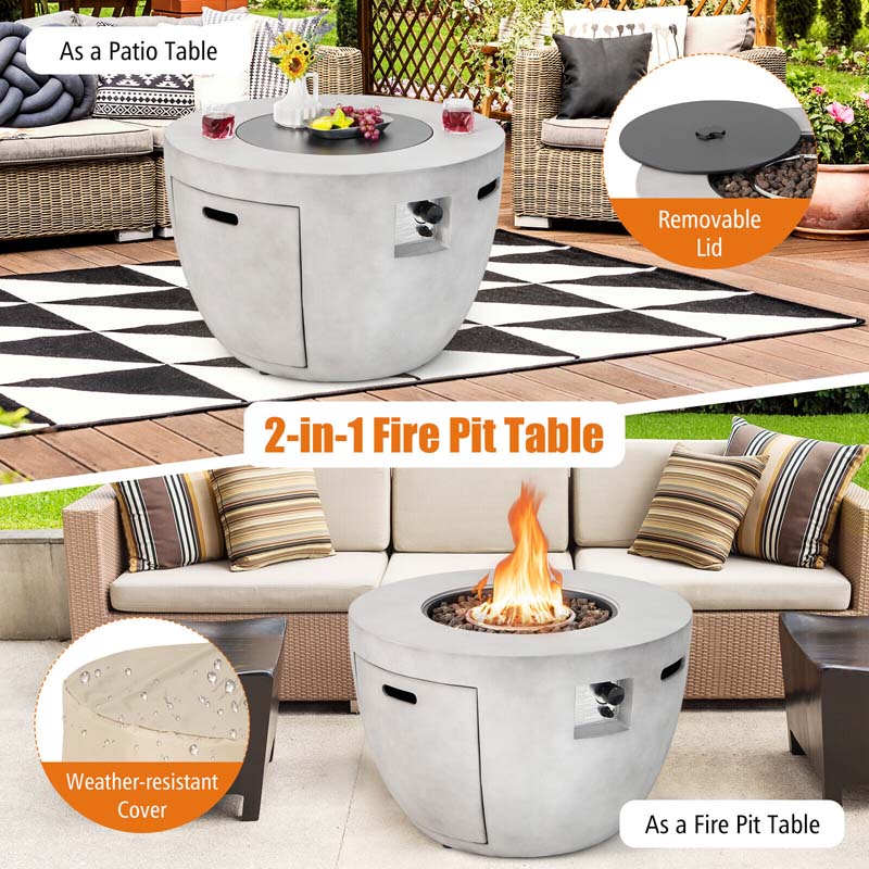 36" Concrete Round Propane Fire Pit Table, 50000 BTU Outdoor Gas Fire Table with Lava Rocks & Cover