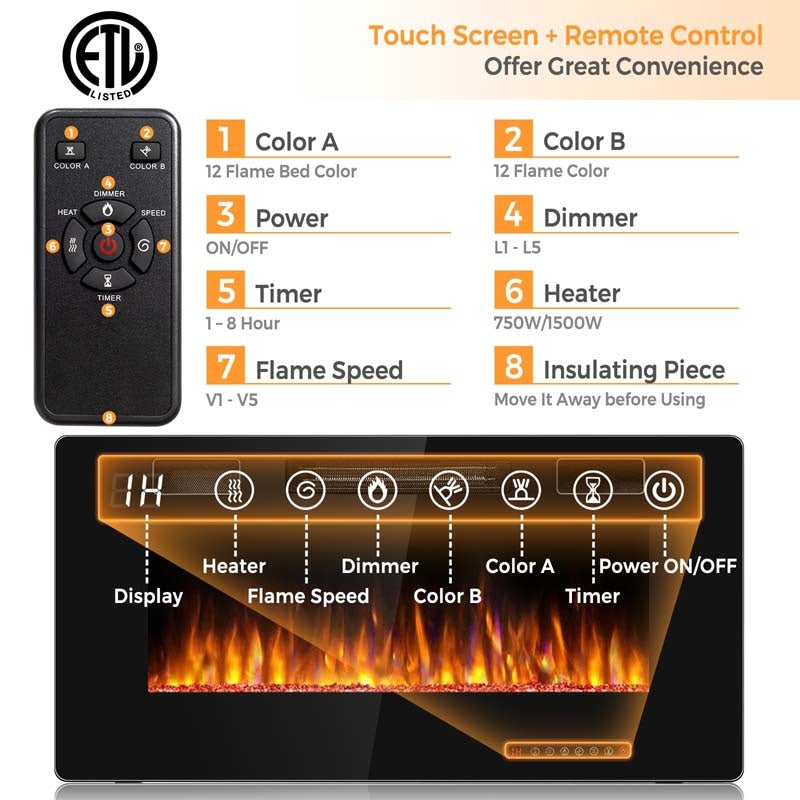 36" Ultra-Thin Electric Fireplace Insert, 1500W Recessed & Wall-mounted Fireplace Heater with 12 Flame Colors