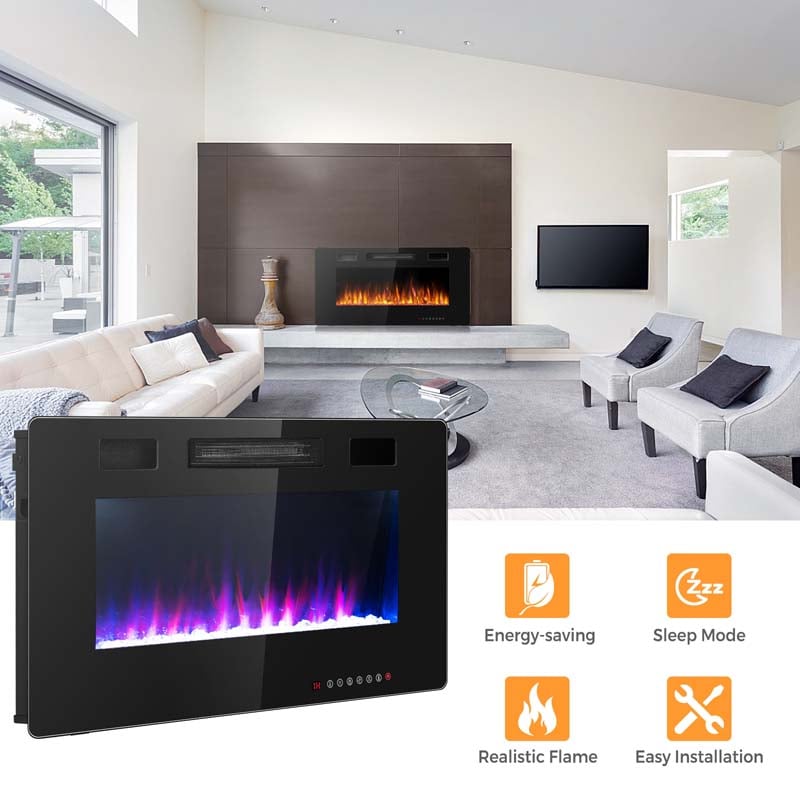 36" Ultra-Thin Electric Fireplace Insert, 1500W Recessed & Wall-mounted Fireplace Heater with 12 Flame Colors