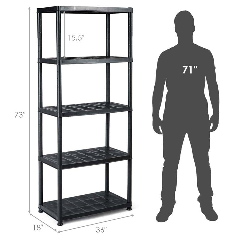 36"L x 18"W x 73"H 5-Tier Plastic Storage Shelving Rack, Freestanding Multi-Use Shelving Unit Organizer