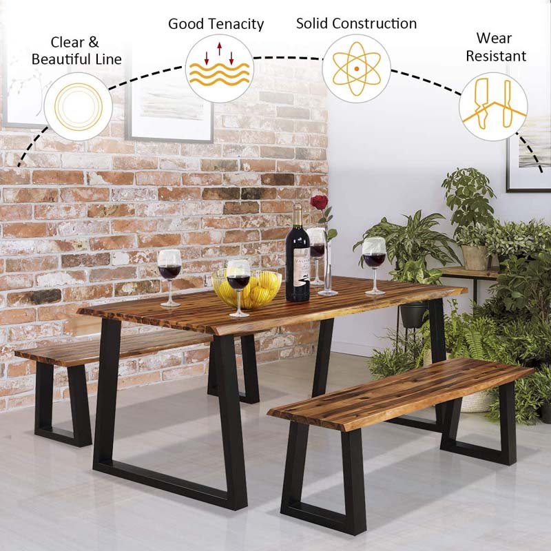 3 Pcs Rustic Acacia Wood Dining Table Set with 2 Benches, Indoor & Outdoor Picnic Table Bench with Metal Legs