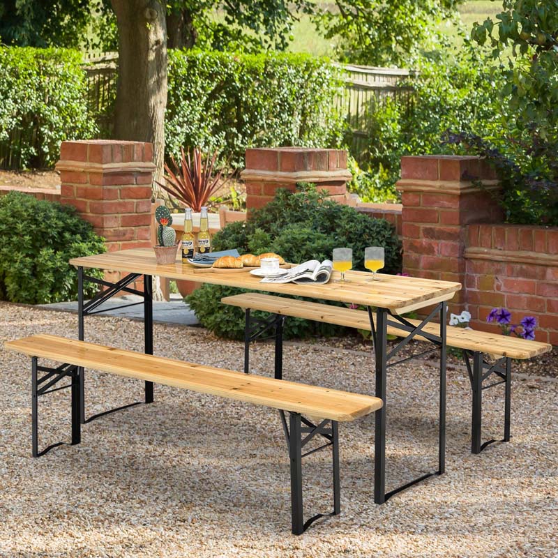 70'' 3 Pcs Folding Picnic Table Bench Set, Portable Beer Table with Seating Set, Wooden Top Outdoor Dining Table Set