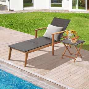 Acacia Wood & Rattan Patio Beach Outdoor Chaise Lounge Chairs Pool Sun Lounger Set with Folding Side Table