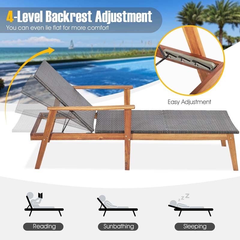 Acacia Wood & Rattan Patio Beach Outdoor Chaise Lounge Chairs Pool Sun Lounger Set with Folding Side Table