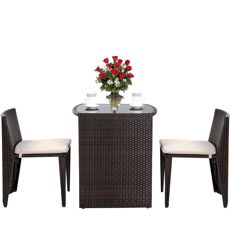 3 Pcs Rattan Wicker Patio Conversation Sets with Cushioned Outdoor Chair and Table Set