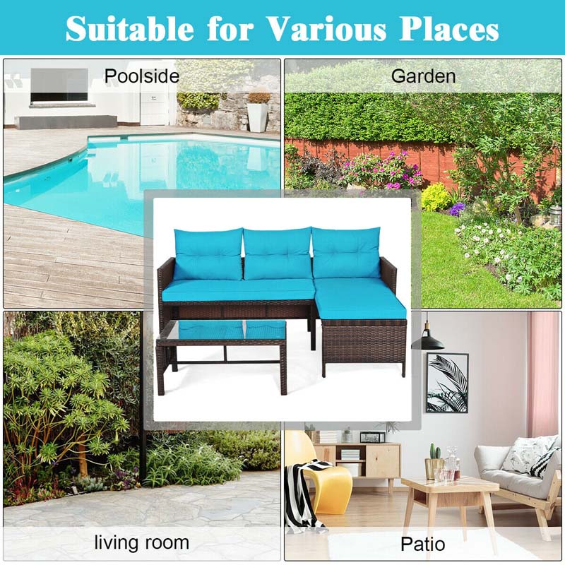 3 Pcs Rattan Patio Furniture Set Outdoor Conversation Sofa Set with Loveseat Chair & Coffee Table