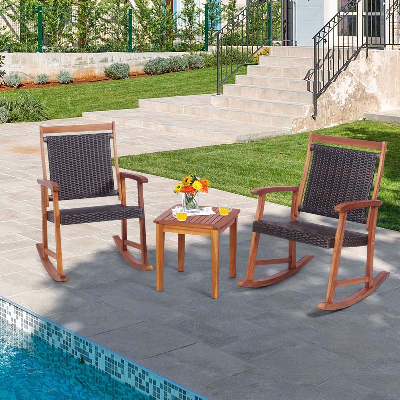3 Pcs Acacia Wood Patio Rocking Chair Set with Side Table, Rattan Wicker Outdoor Rocking Bistro Set