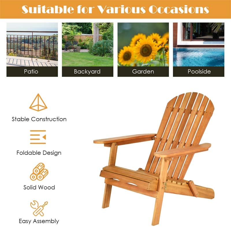 3 Pcs Slatted Design Wooden Adirondack Chair Set with Side Table & 2 Folding Lounger Chairs