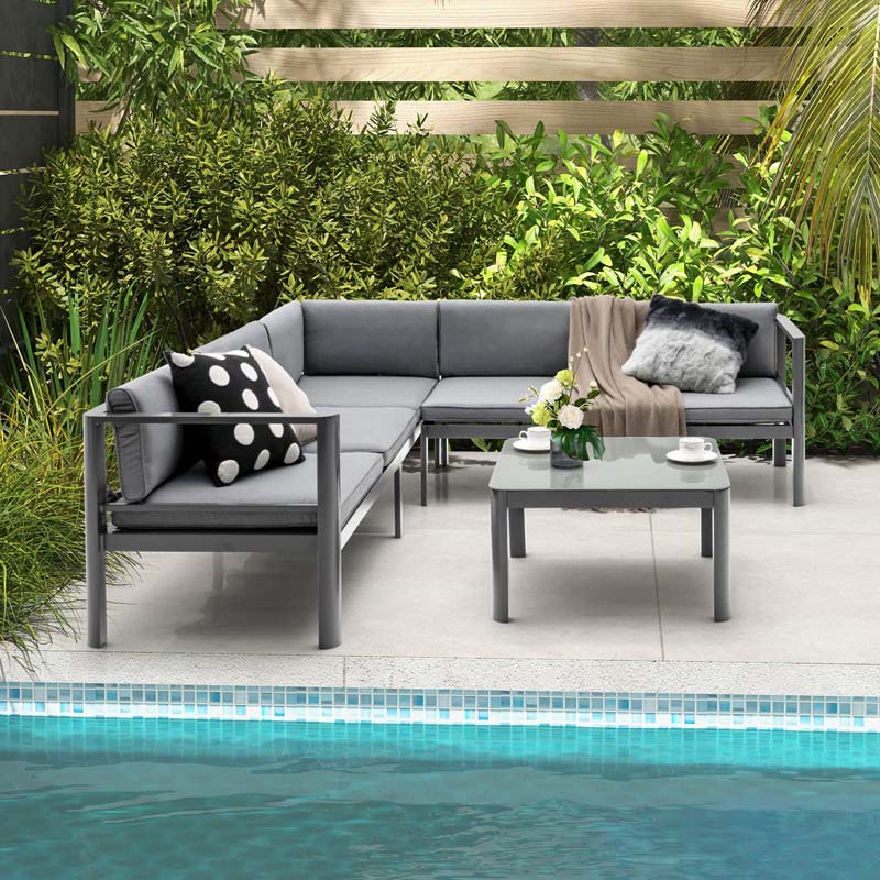 3 Pcs Aluminum Patio Furniture Set with 6-Level Adjustable Backrest, Outdoor Sectional Sofa Set with Cushions