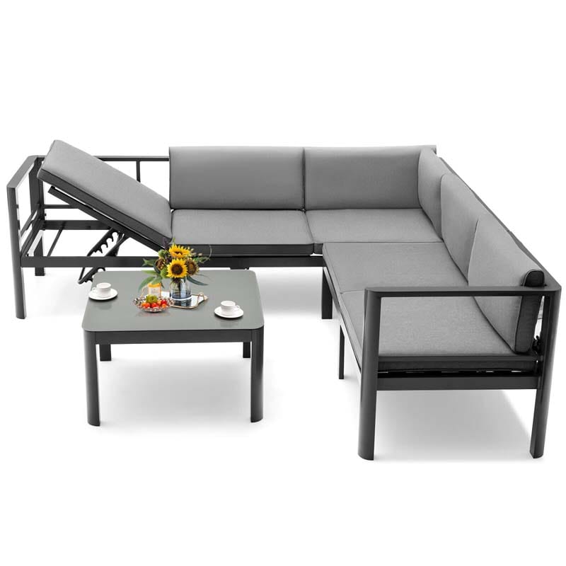 3 Pcs Aluminum Patio Furniture Set with 6-Level Adjustable Backrest, Outdoor Sectional Sofa Set with Cushions