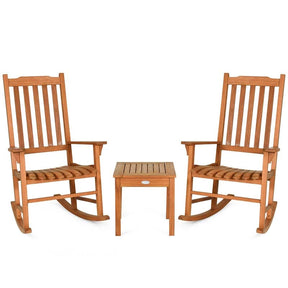3 Pcs Eucalyptus Rocking Chair Set Outdoor Bistro Set with Accent Coffee Table