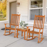 3 Pcs Eucalyptus Rocking Chair Set Outdoor Bistro Set with Accent Coffee Table