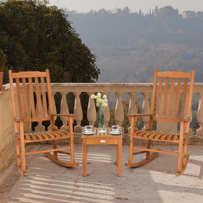 3 Pcs Eucalyptus Rocking Chair Set Outdoor Bistro Set with Accent Coffee Table