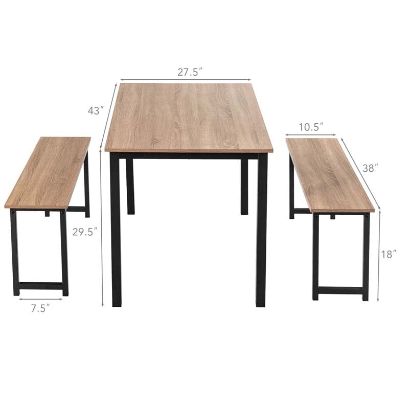 4-Person Dining Table Bench Set with Wooden Tabletop & Metal Frame, Indoor Outdoor Modern Dining Set for Kitchen