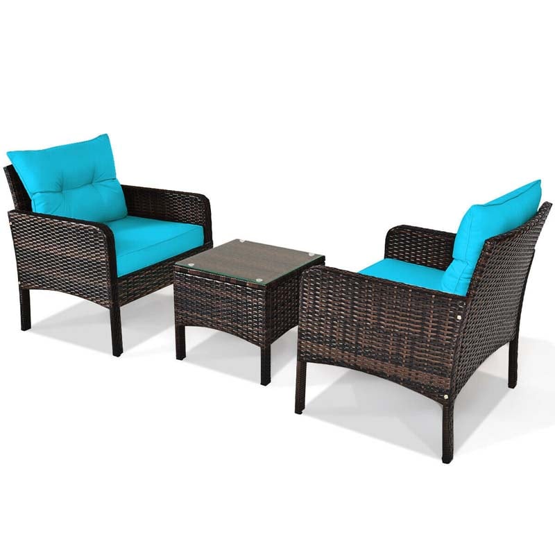 3 Pcs Rattan Wicker Outdoor Bistro Set with Coffee Table & Chairs, All-Weather Patio Conversation Sets