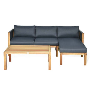 3 Pcs Acacia Wood Patio Conversation Set with Nylon Rope Armrest, L Shape Outdoor Furniture Set