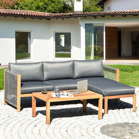 3 Pcs Acacia Wood Patio Conversation Set with Nylon Rope Armrest, L Shape Outdoor Furniture Set