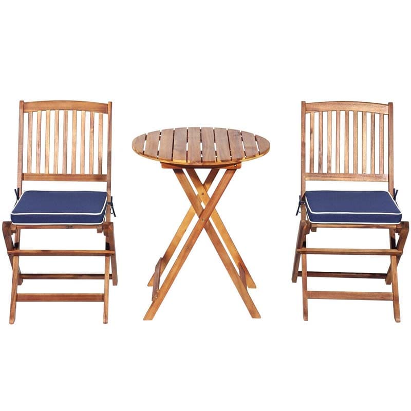 3 Pcs Acacia Wood Patio Folding Bistro Set Outdoor Chair Table Set with Padded Cushion & Round Coffee Table