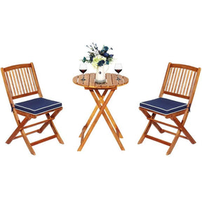 3 Pcs Acacia Wood Patio Folding Bistro Set Outdoor Chair Table Set with Padded Cushion & Round Coffee Table
