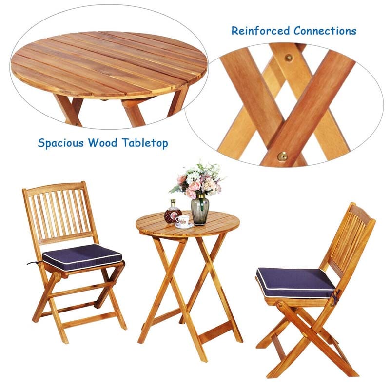 3 Pcs Acacia Wood Patio Folding Bistro Set Outdoor Chair Table Set with Padded Cushion & Round Coffee Table