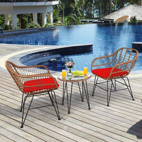3 Pcs Patio Conversation Bistro Set Outdoor Rattan Furniture Set with Round Table & 2 Rattan Cushioned Armchairs