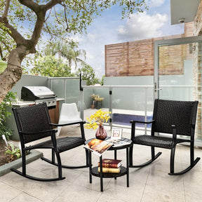 3 Pcs Rattan Patio Rocking Bistro Set with Side Table & Extra Storage Shelf, Outdoor Rocking Chair Furniture Set