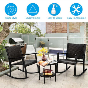 3 Pcs Rattan Patio Rocking Bistro Set with Side Table & Extra Storage Shelf, Outdoor Rocking Chair Furniture Set