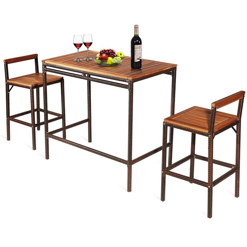 3 Pcs Rattan Wicker Patio Bar Set Dining Table Set Counter Height Bistro Set with Acacia Wood Tabletop & 2 Bar Stools