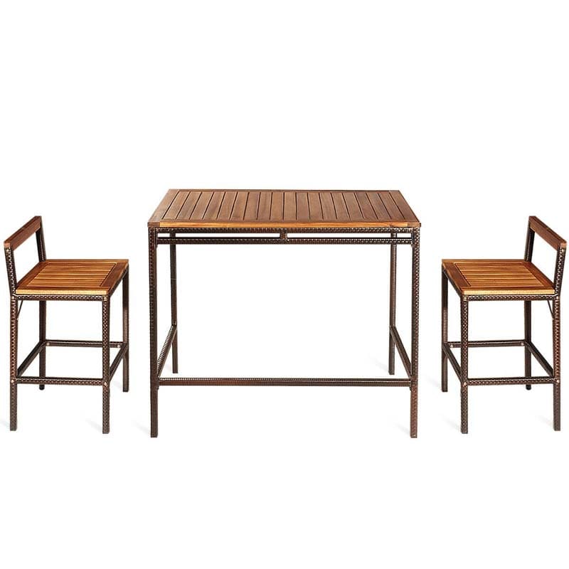 Canada Only - 3 Pcs Acacia Wood Rattan Patio Bar Dining Table Set with 2 Stools