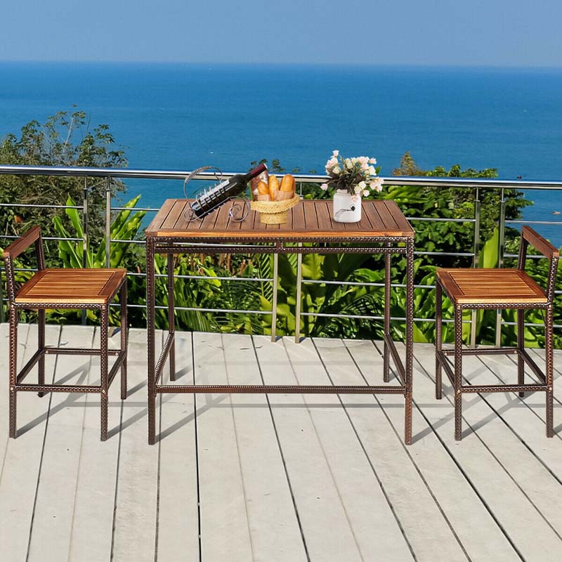 Canada Only - 3 Pcs Acacia Wood Rattan Patio Bar Dining Table Set with 2 Stools