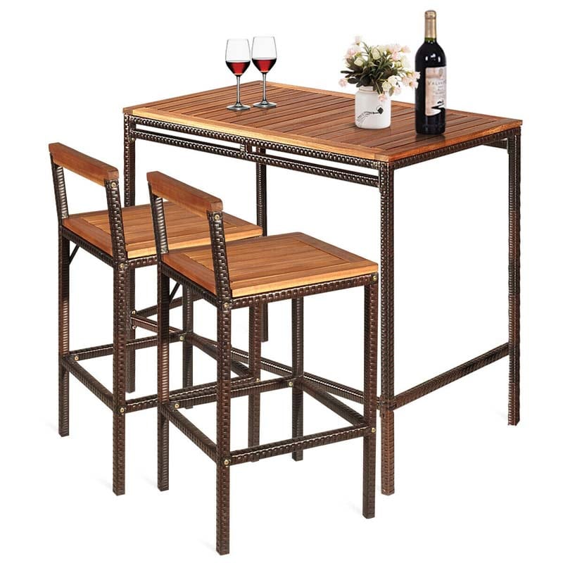 3 Pcs Rattan Wicker Patio Bar Set Dining Table Set Counter Height Bistro Set with Acacia Wood Tabletop & 2 Bar Stools