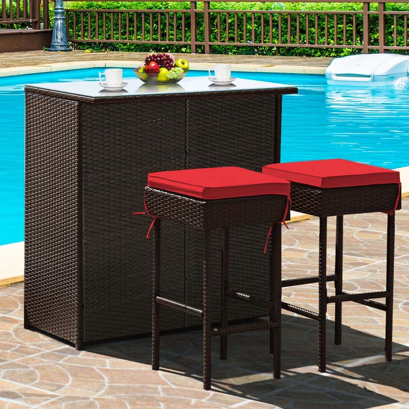 3 Pcs Rattan Patio Bar Dining Set Outdoor Counter Height Table Set with Cushioned Stools & Glass Top Table