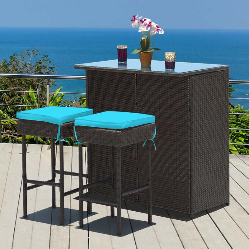 3 Pcs Rattan Patio Bar Dining Set Outdoor Counter Height Table Set with Cushioned Stools & Glass Top Table