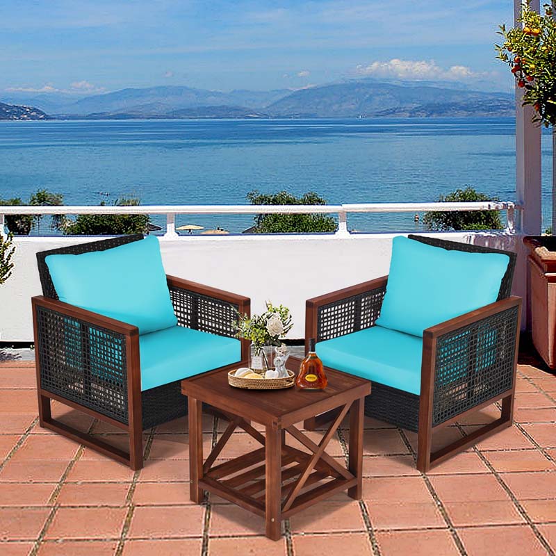3 Pcs Rattan Patio Furniture Sofa Set Outdoor Conversation Bistro Set with Acacia Wooden Frame & Cushions