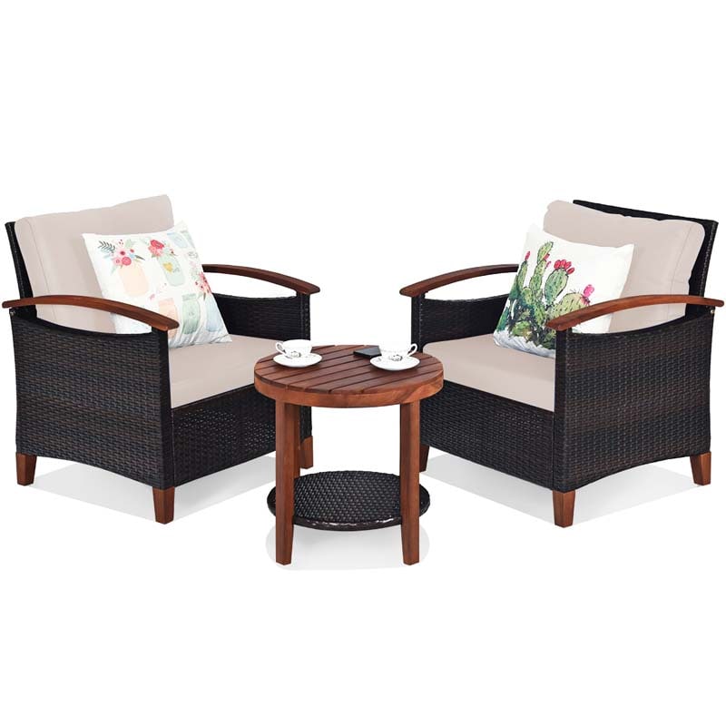 3 Pcs Patio Furniture Set Outdoor Rattan Sofa & Side Table Conversation Bistro Set with Acacia Wood Frame