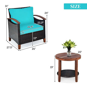3 Pcs Patio Furniture Set Outdoor Rattan Sofa & Side Table Conversation Bistro Set with Acacia Wood Frame