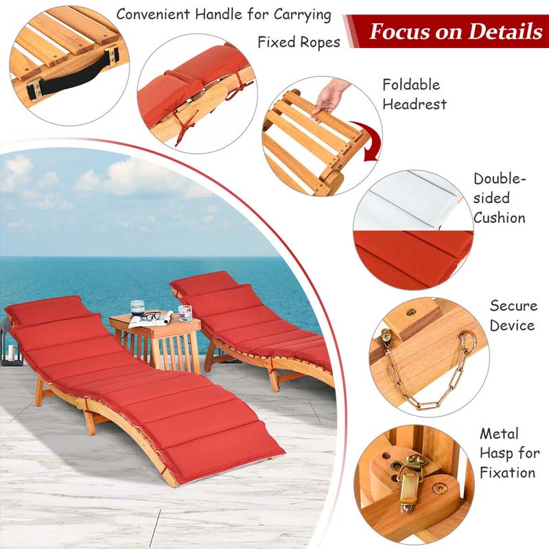 3 Pcs Wood Folding Patio Chaise Lounge Chair Set Double-Sided Cushioned Sun Pool Lounger with Side Table