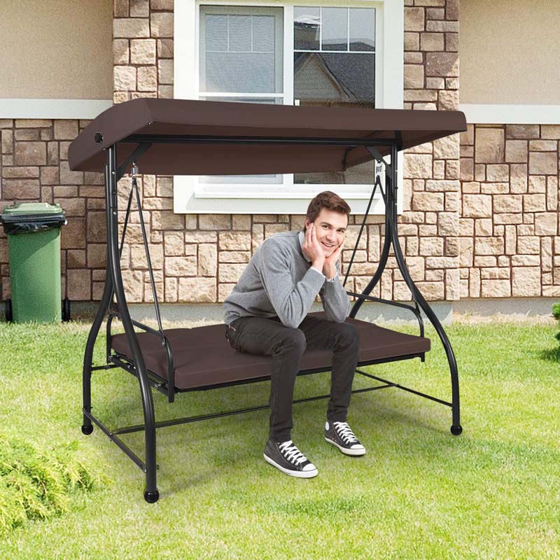 3-Seater Cushioned Metal Porch Swing with Adjustable Tilt Canopy, 2-in-1 Convertible Outdoor Patio Swing Chair Glider