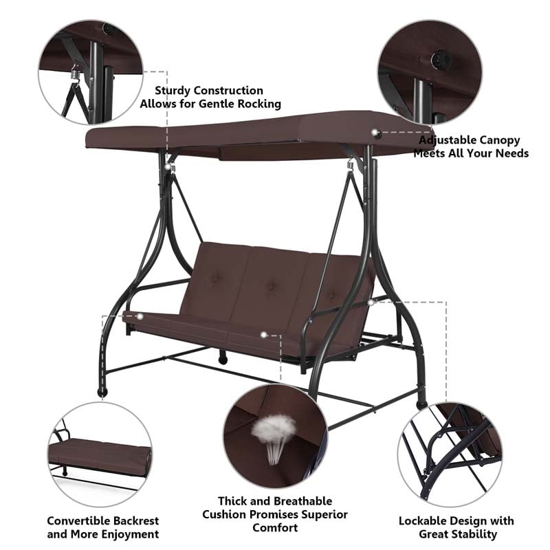 3-Seater Cushioned Metal Porch Swing with Adjustable Tilt Canopy, 2-in-1 Convertible Outdoor Patio Swing Chair Glider