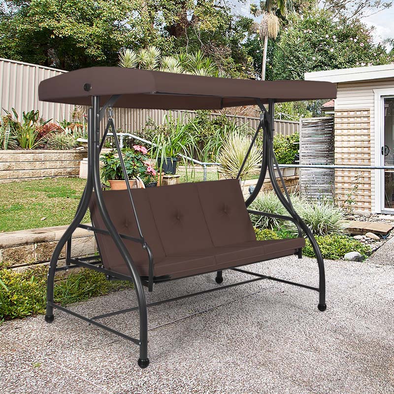 3-Seater Cushioned Metal Porch Swing with Adjustable Tilt Canopy, 2-in-1 Convertible Outdoor Patio Swing Chair Glider